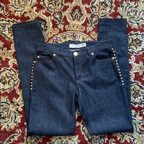 VALENTINO Gold Pyramid Rockstud Trim Straight Leg Dark Denim Jeans